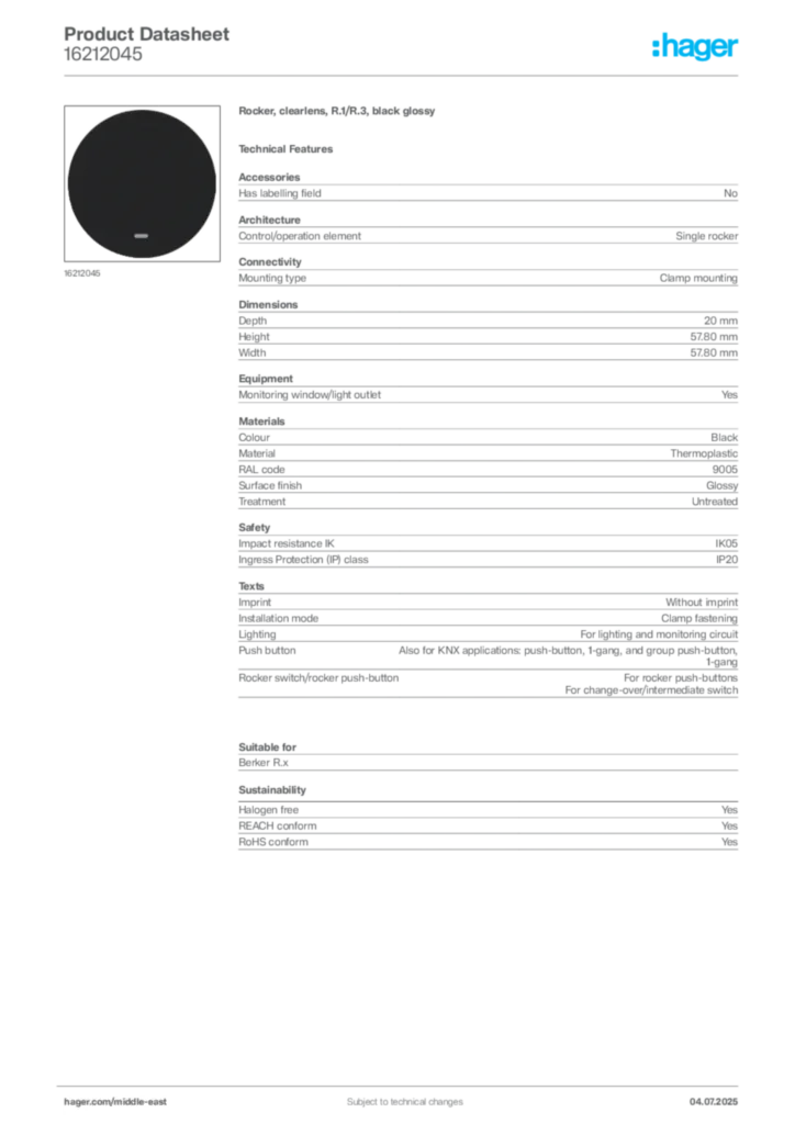 Image Hager Product data sheet 16212045  | Hager