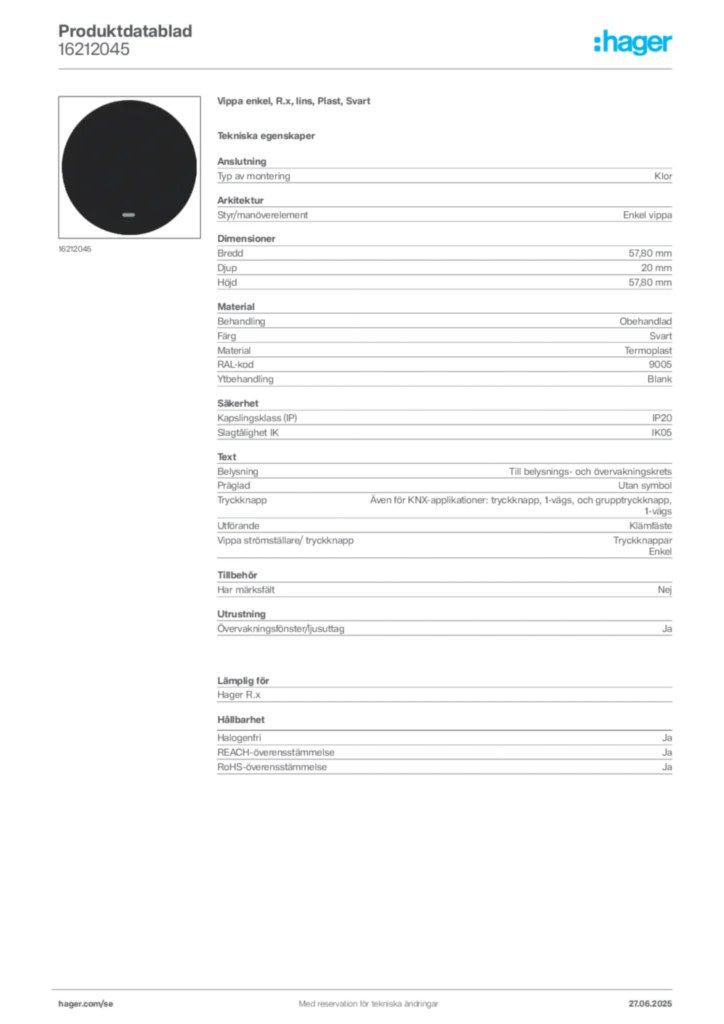 Bild Hager Produktdatablad 16212045 | Hager Sverige