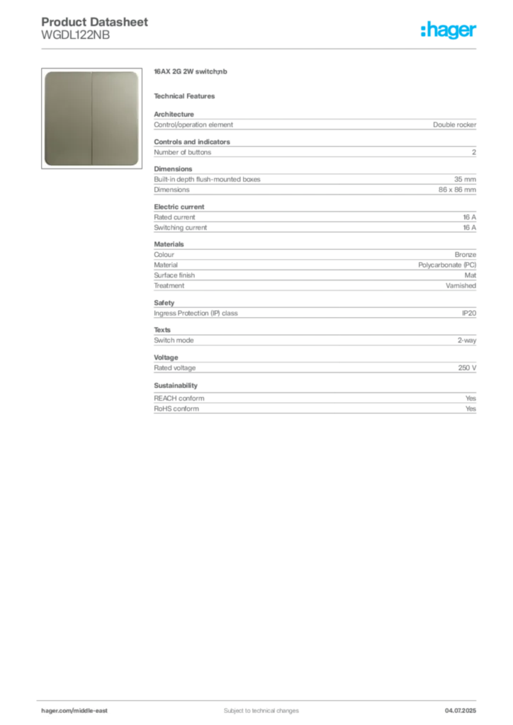Image Hager Product data sheet WGDL122NB  | Hager