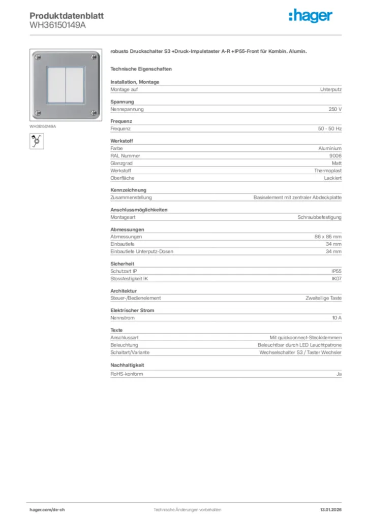Bild Hager Produktdatenblatt WH36150149A | Hager Schweiz