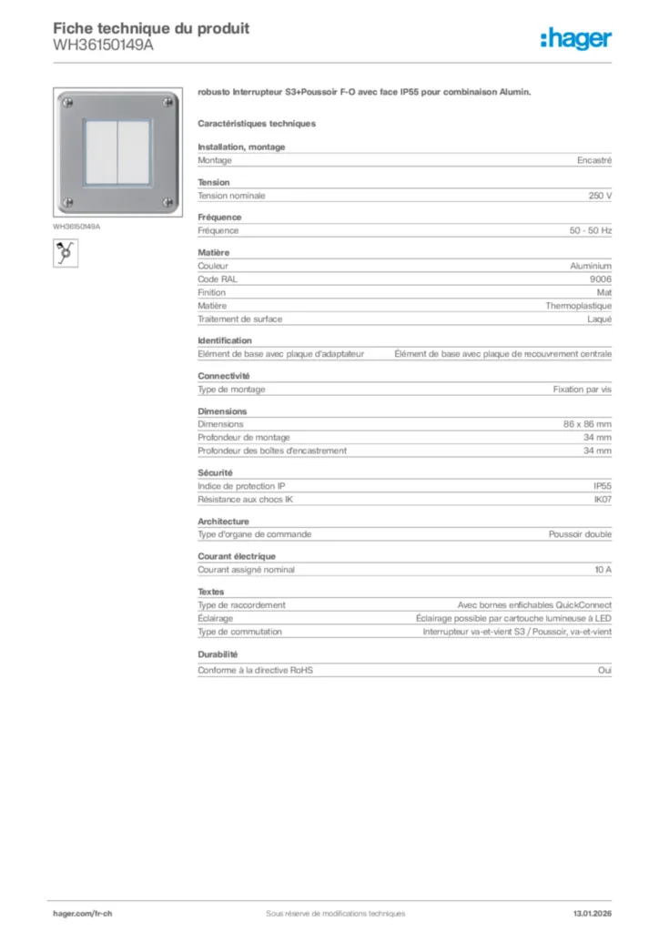 Image Hager Fiche technique du produit WH36150149A | Hager Suisse