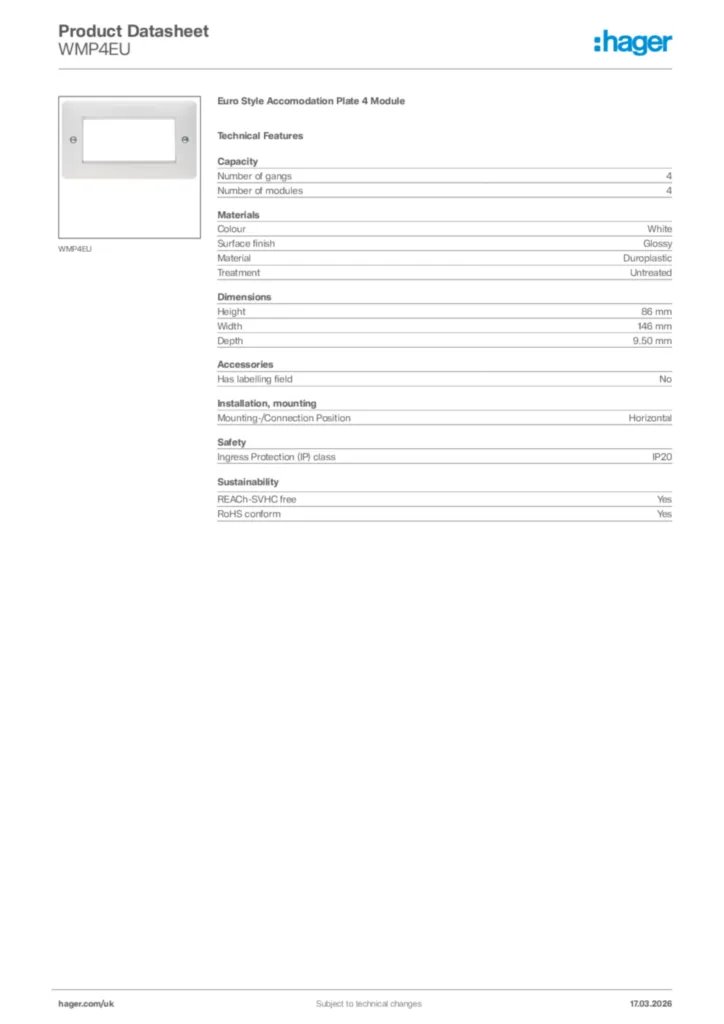 Image Hager Product data sheet WMP4EU  | Hager