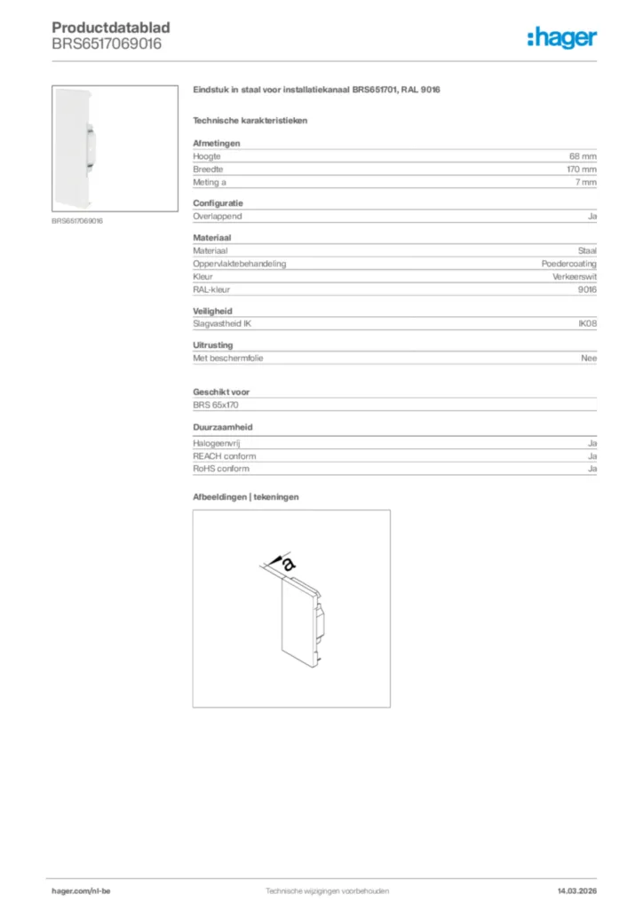 Afbeelding Hager Productdatablad BRS6517069016 | Hager Belgium