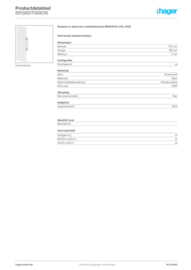 Afbeelding Hager Productdatablad BRS6517069016 | Hager Belgium