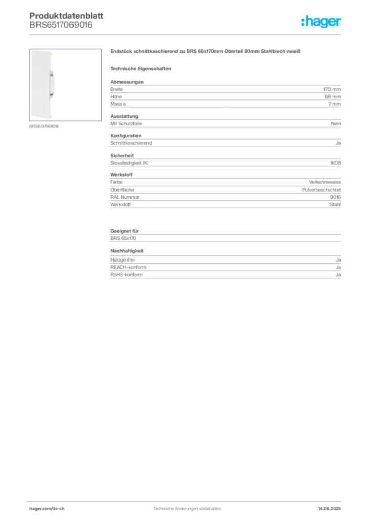 Bild Hager Produktdatenblatt BRS6517069016 | Hager Schweiz