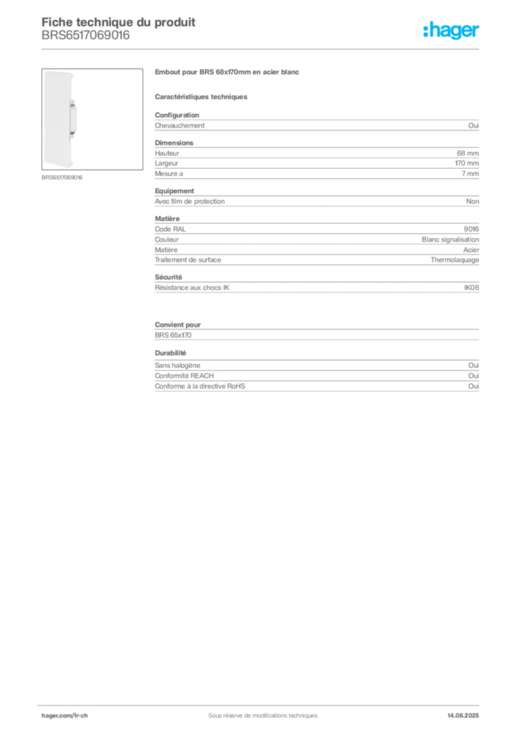 Image Hager Fiche technique du produit BRS6517069016 | Hager Suisse