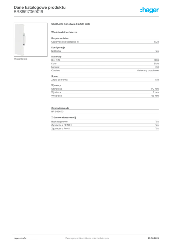 Zdjęcie Hager Dane katalogowe produktu BRS6517069016 | Hager Polska