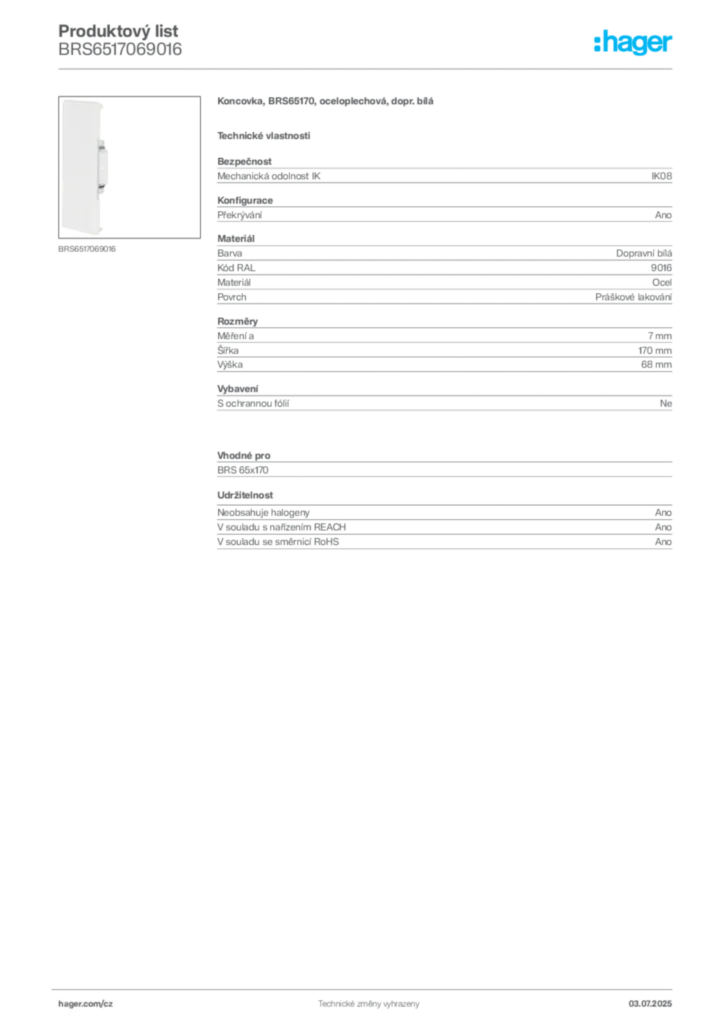 Obrázek Hager Produktový list BRS6517069016 | Hager