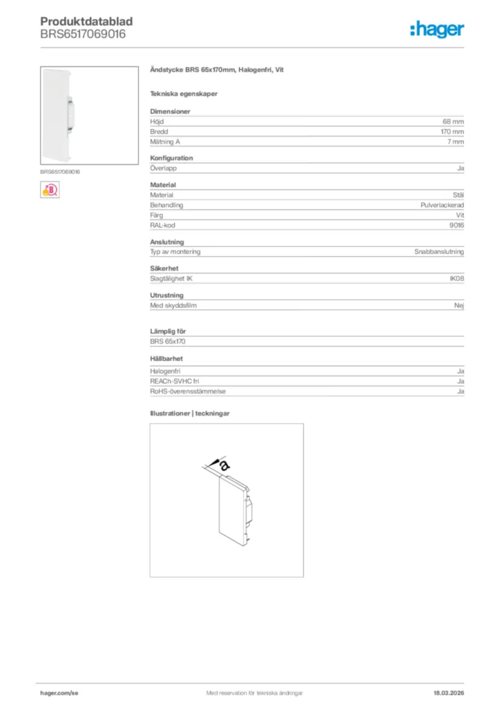 Bild Hager Produktdatablad BRS6517069016 | Hager Sverige