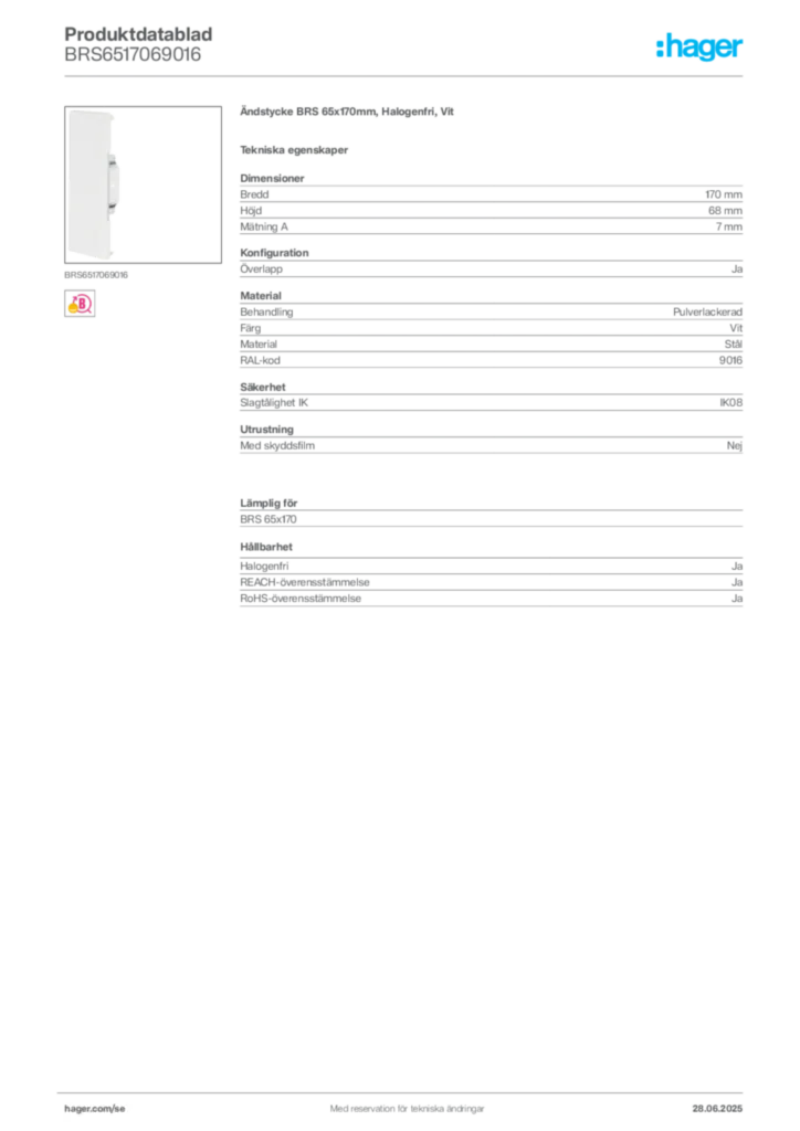 Bild Hager Produktdatablad BRS6517069016 | Hager Sverige