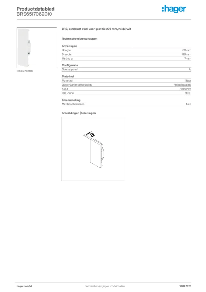 Afbeelding Hager Productdatablad BRS6517069010 | Hager Nederland