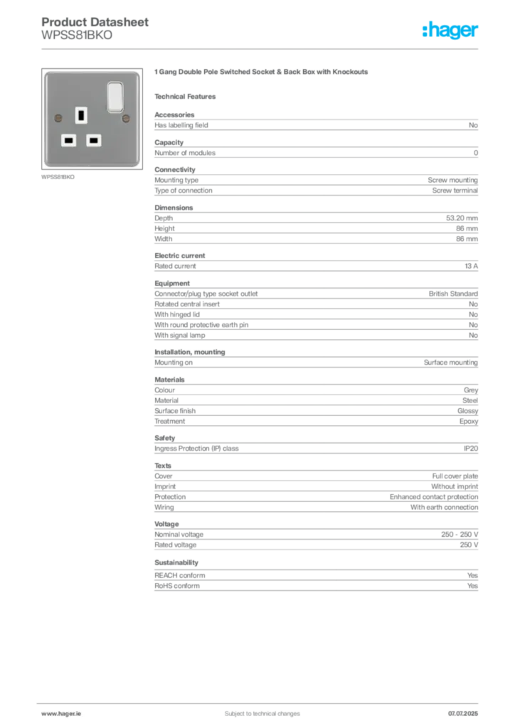 Image Hager Product data sheet WPSS81BKO  | Hager