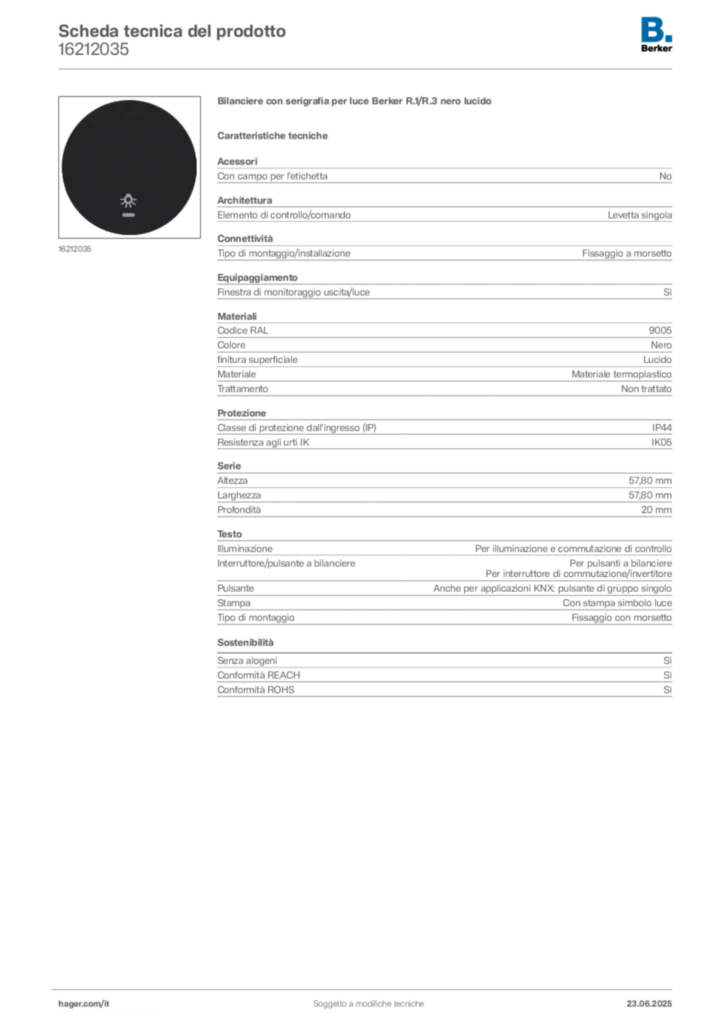 Immagine Berker Scheda tecnica del prodotto 16212035 | Hager Italia