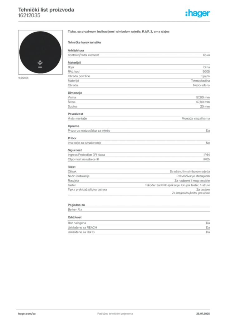 Slika Hager Product data sheet 16212035  | Hager