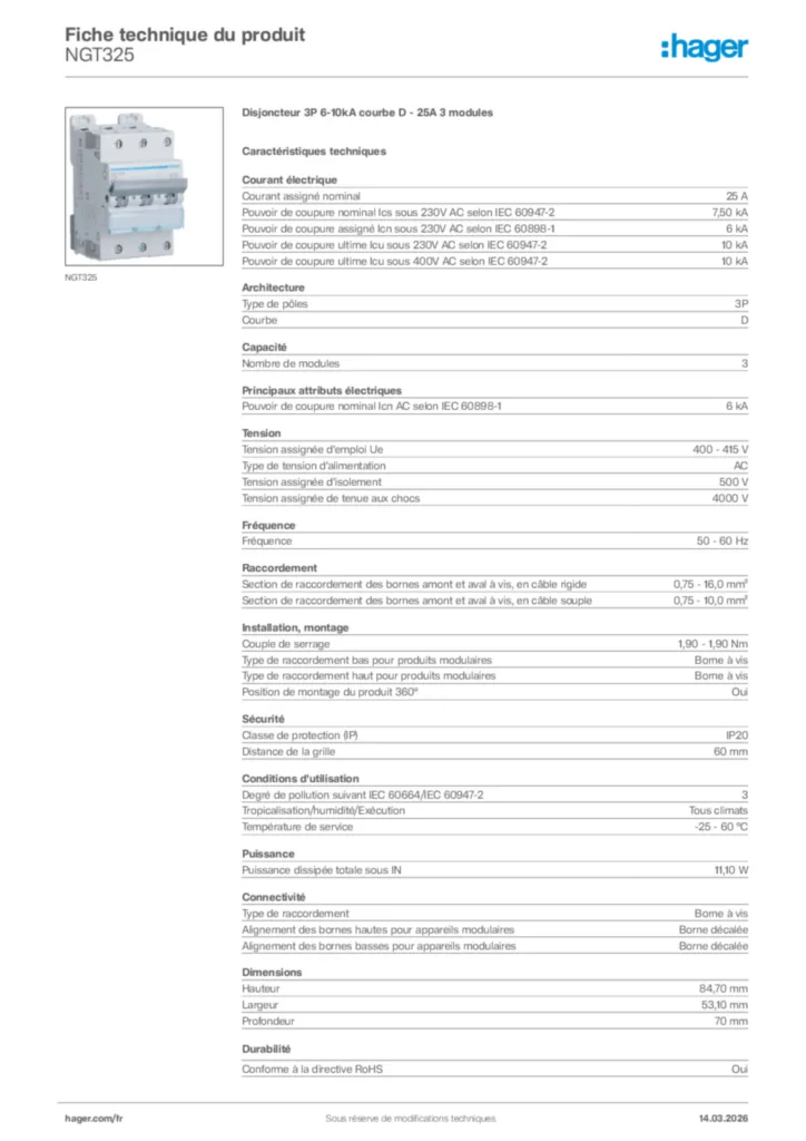 Image Hager Fiche technique du produit NGT325 | Hager France