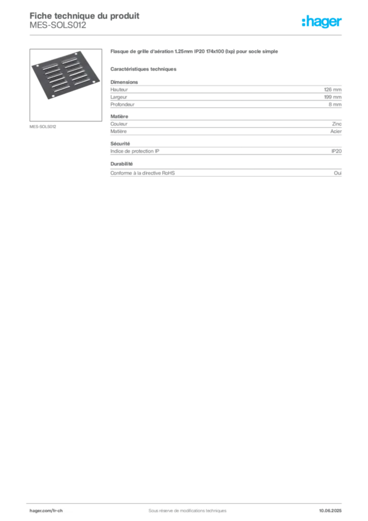 Image Hager Fiche technique du produit MES-SOLS012 | Hager Suisse