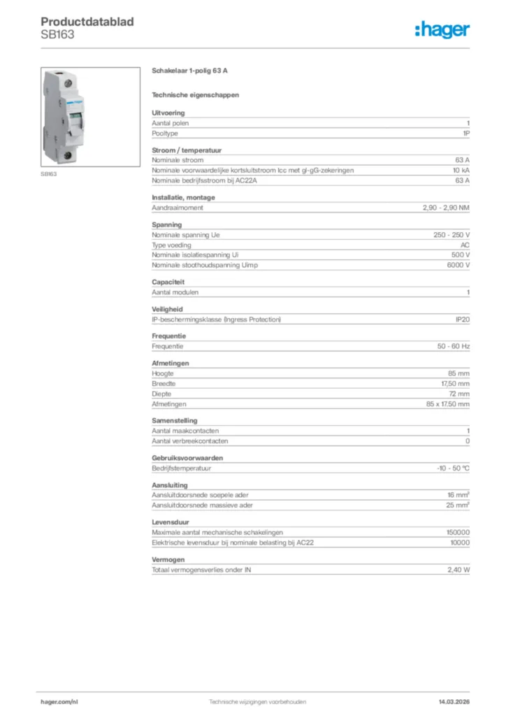 Afbeelding Hager Productdatablad SB163 | Hager Nederland