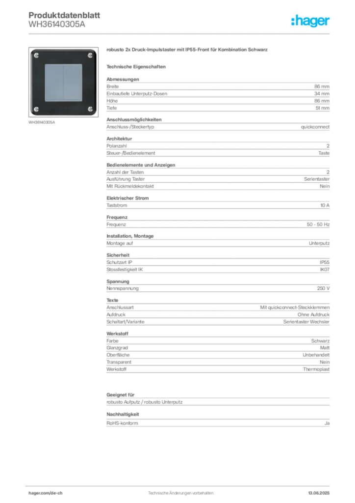 Bild Hager Produktdatenblatt WH36140305A | Hager Schweiz