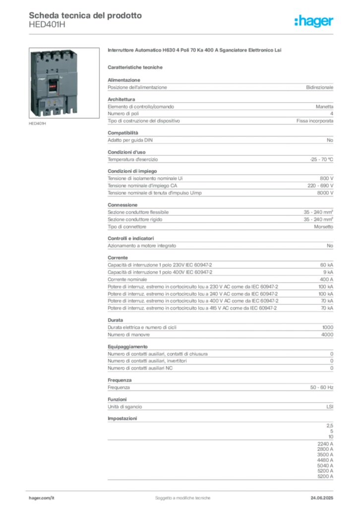 Immagine Hager Scheda tecnica del prodotto HED401H | Hager Italia