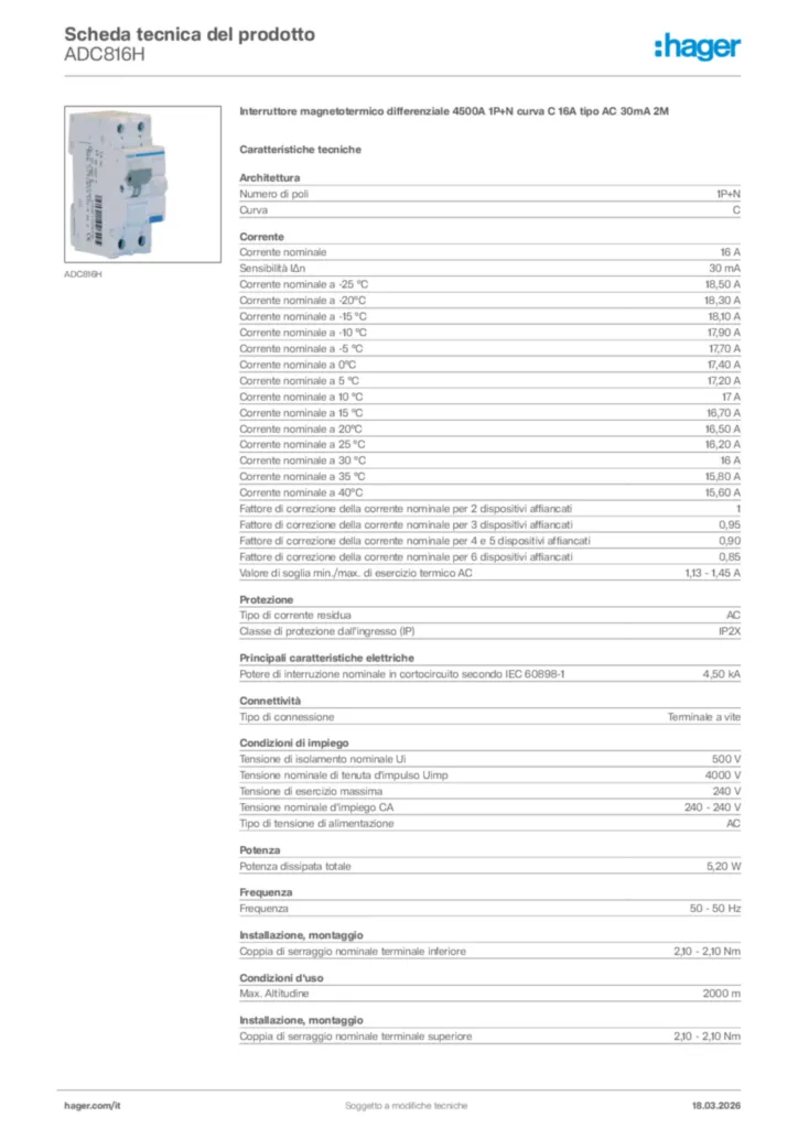 Immagine Hager Scheda tecnica del prodotto ADC816H | Hager Italia