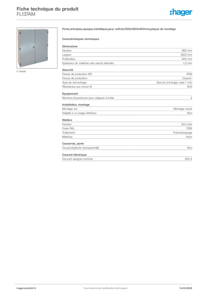 Image Hager Fiche technique du produit FL137AM | Hager Afrique