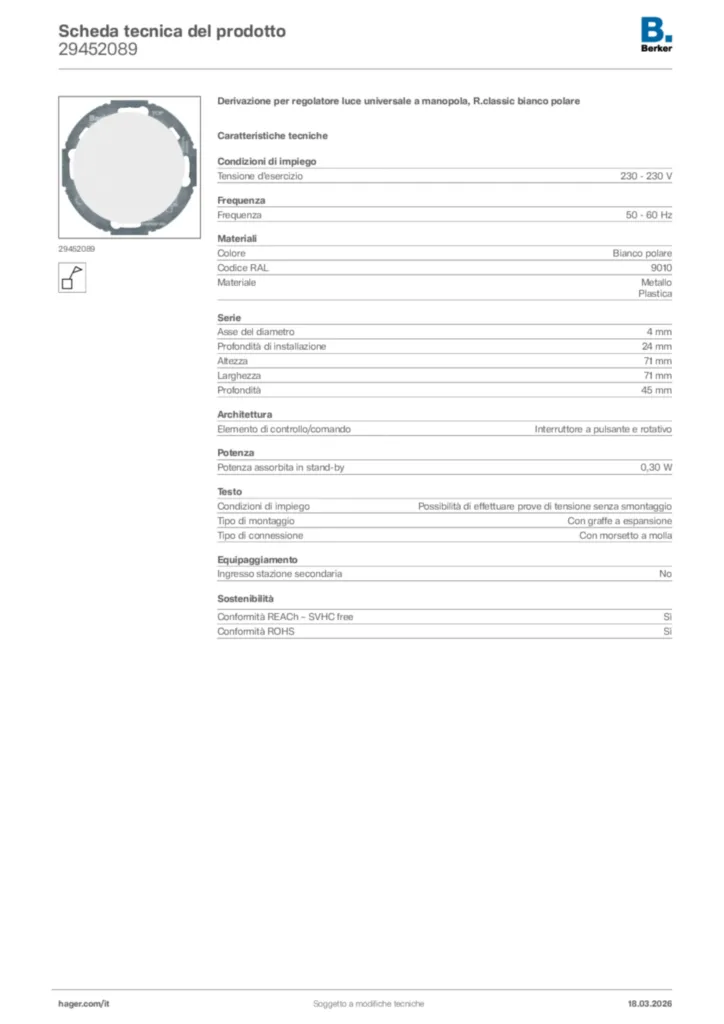 Immagine Berker Scheda tecnica del prodotto 29452089 | Hager Italia