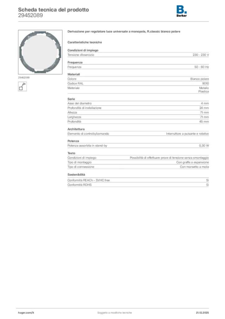 Immagine Berker Scheda tecnica del prodotto 29452089 | Hager Italia