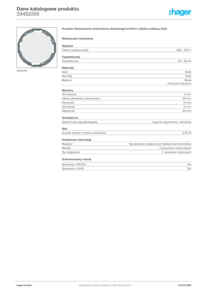 Zdjęcie Hager Dane katalogowe produktu 29452089 | Hager Polska