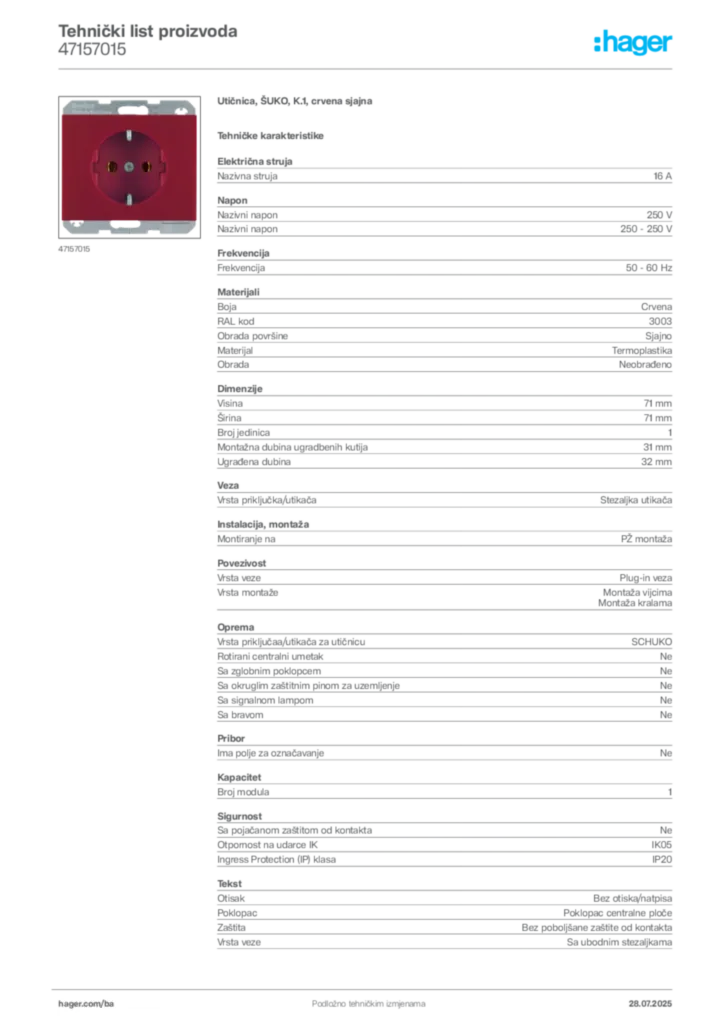 Slika Hager Product data sheet 47157015  | Hager