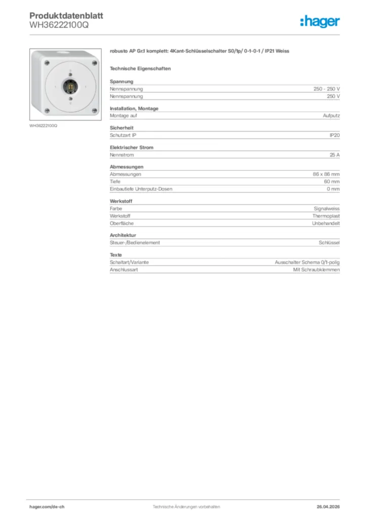 Bild Hager Produktdatenblatt WH36222100Q | Hager Schweiz