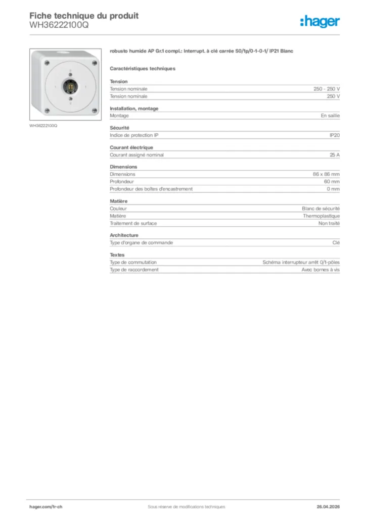 Image Hager Fiche technique du produit WH36222100Q | Hager Suisse
