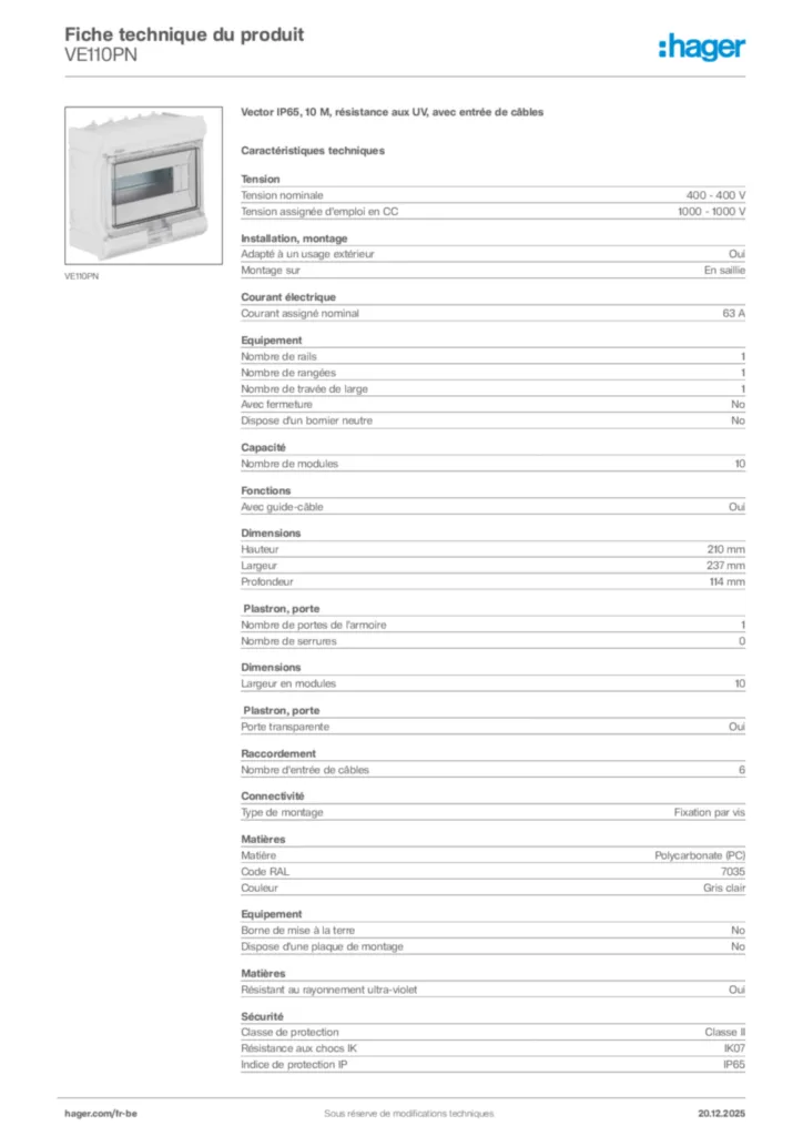 Image Hager Fiche technique du produit VE110PN | Hager Belgique