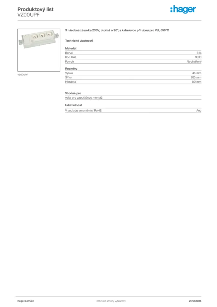 Obrázek Hager Produktový list VZ00UPF | Hager