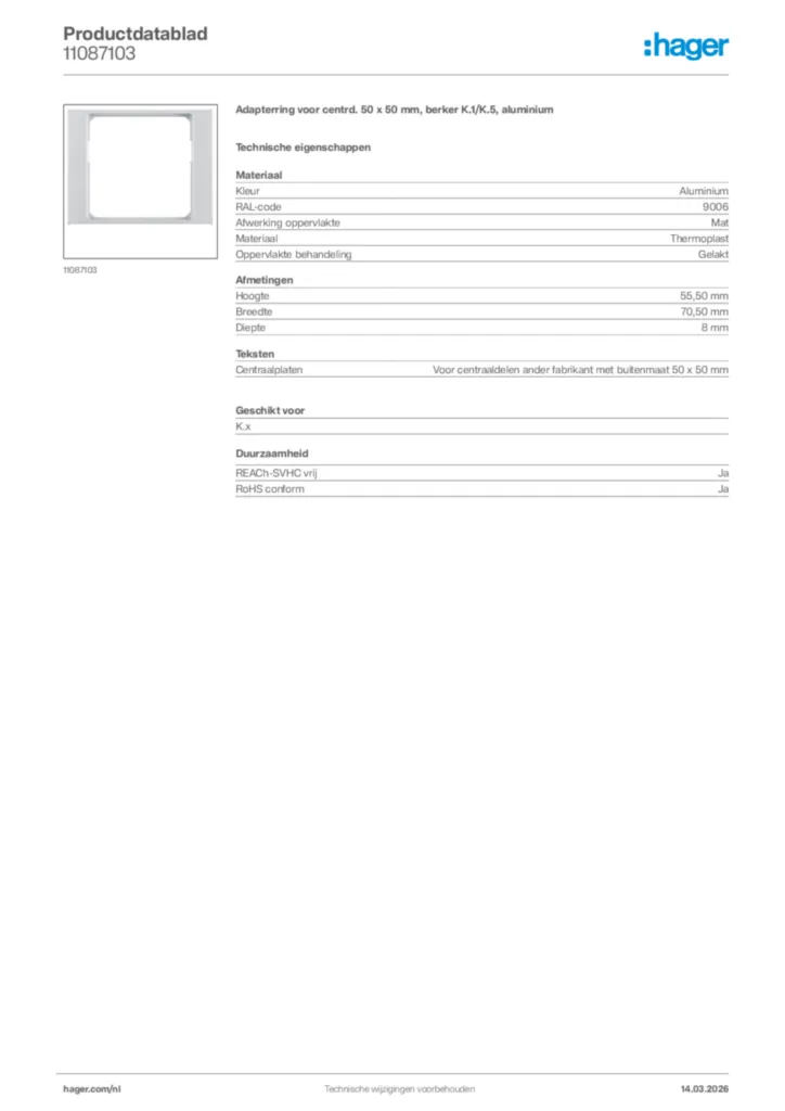 Afbeelding Hager Productdatablad 11087103 | Hager Nederland