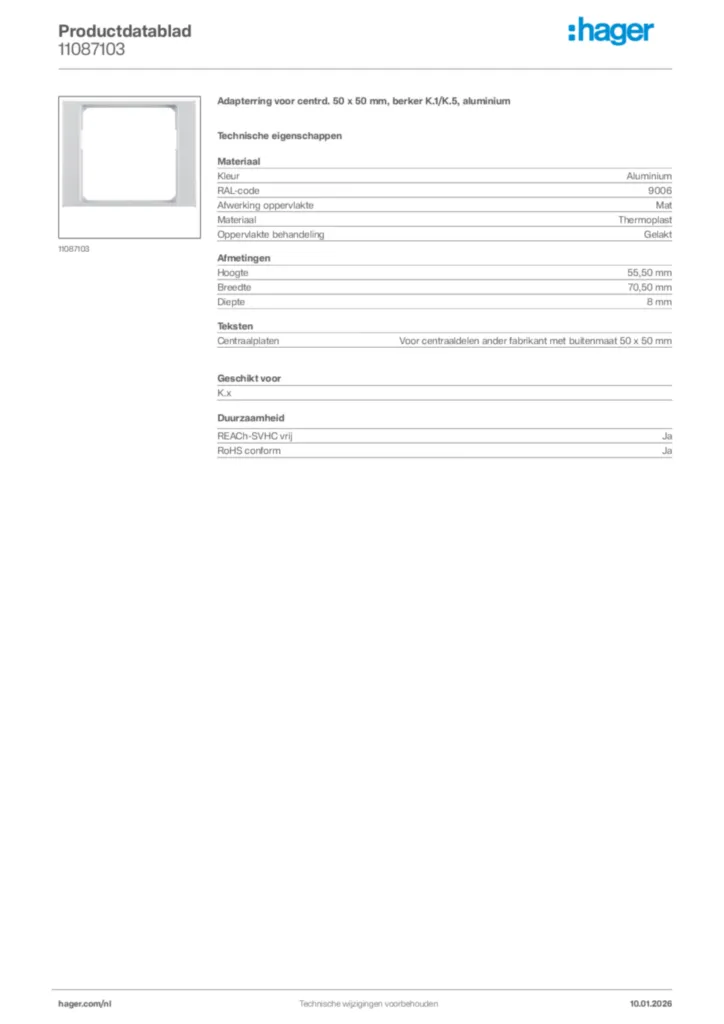 Afbeelding Hager Productdatablad 11087103 | Hager Nederland