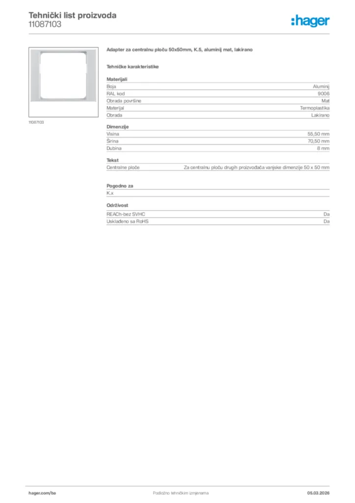 Slika Hager Tehnički list proizvoda 11087103  | Hager