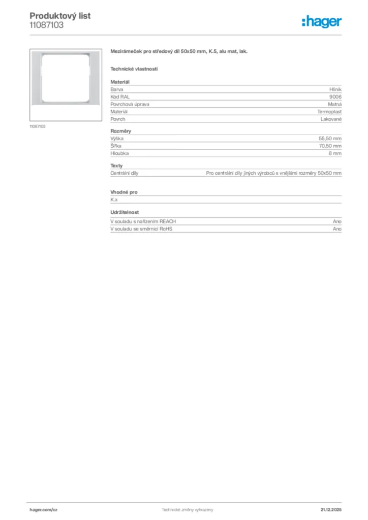 Obrázek Hager Produktový list 11087103 | Hager