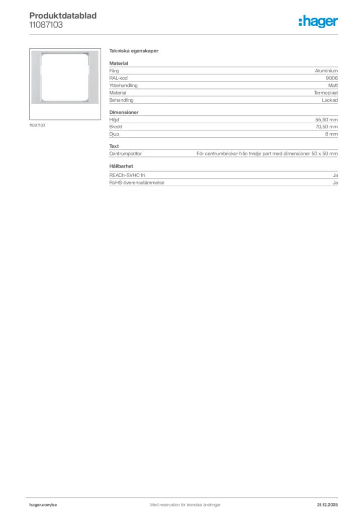 Bild Hager Produktdatablad 11087103 | Hager Sverige