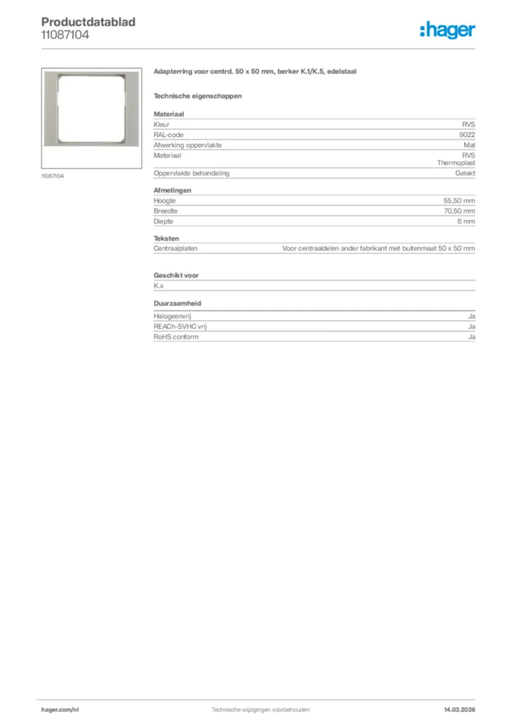 Afbeelding Hager Productdatablad 11087104 | Hager Nederland
