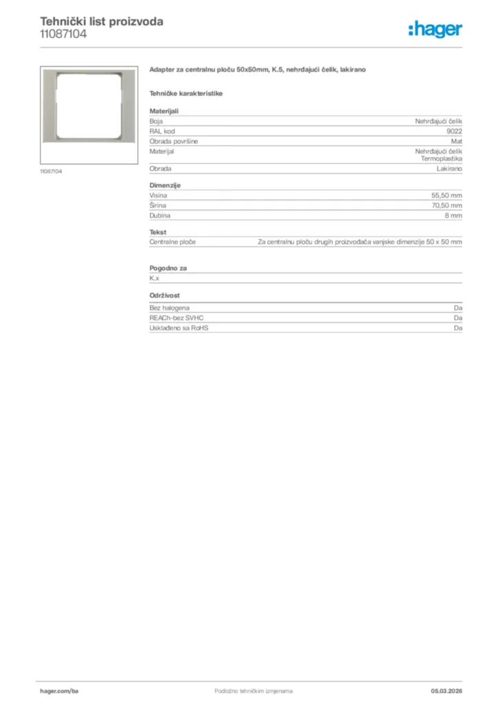 Slika Hager Tehnički list proizvoda 11087104  | Hager