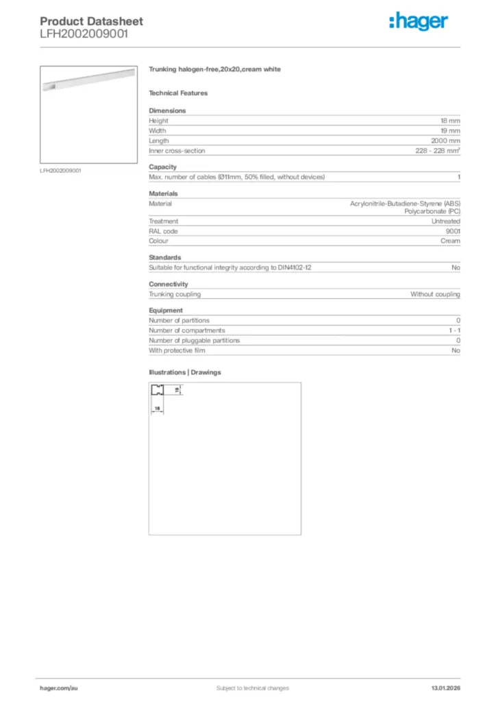 Image Hager Product data sheet LFH2002009001  | Hager Australia