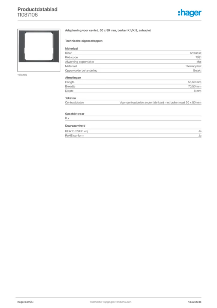 Afbeelding Hager Productdatablad 11087106 | Hager Nederland