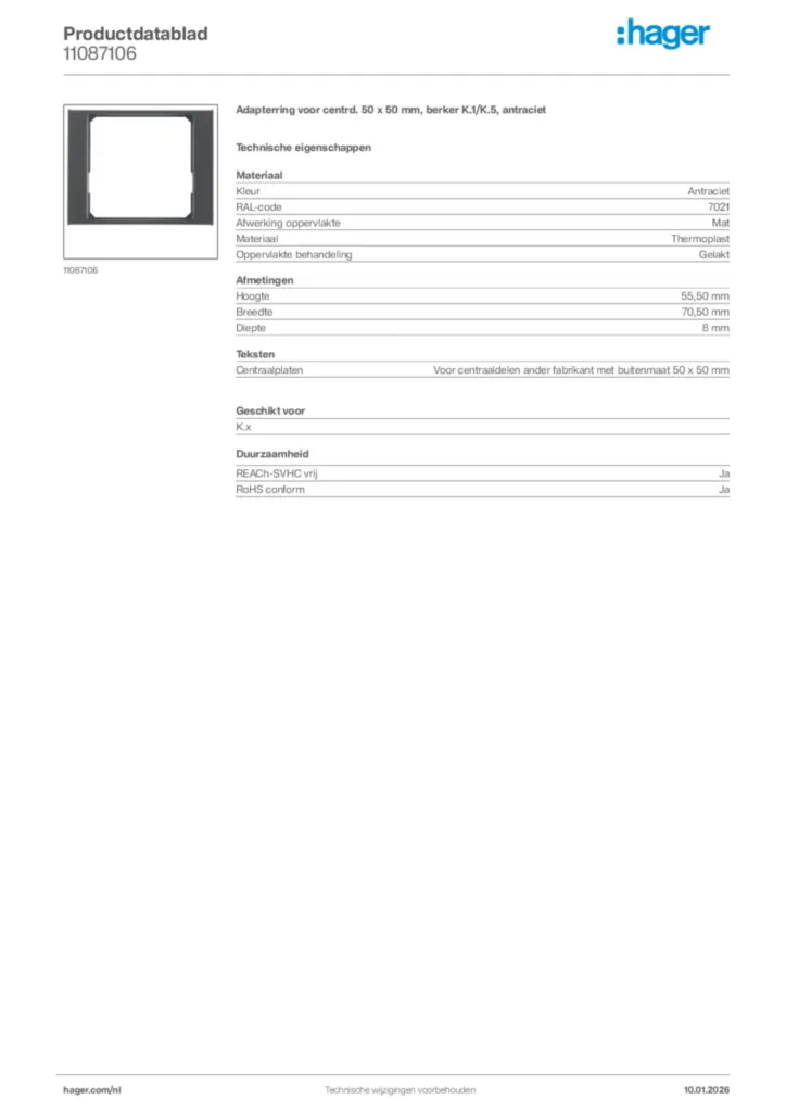 Afbeelding Hager Productdatablad 11087106 | Hager Nederland