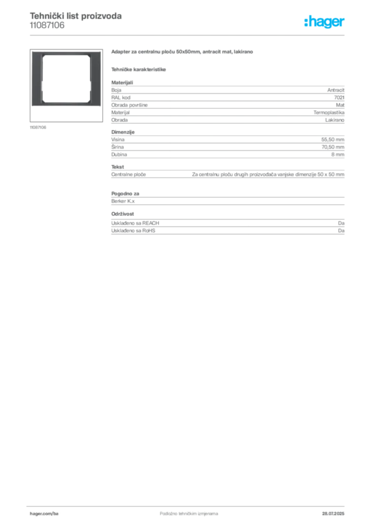 Slika Hager Product data sheet 11087106  | Hager