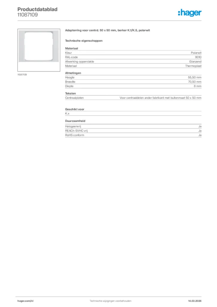 Afbeelding Hager Productdatablad 11087109 | Hager Nederland