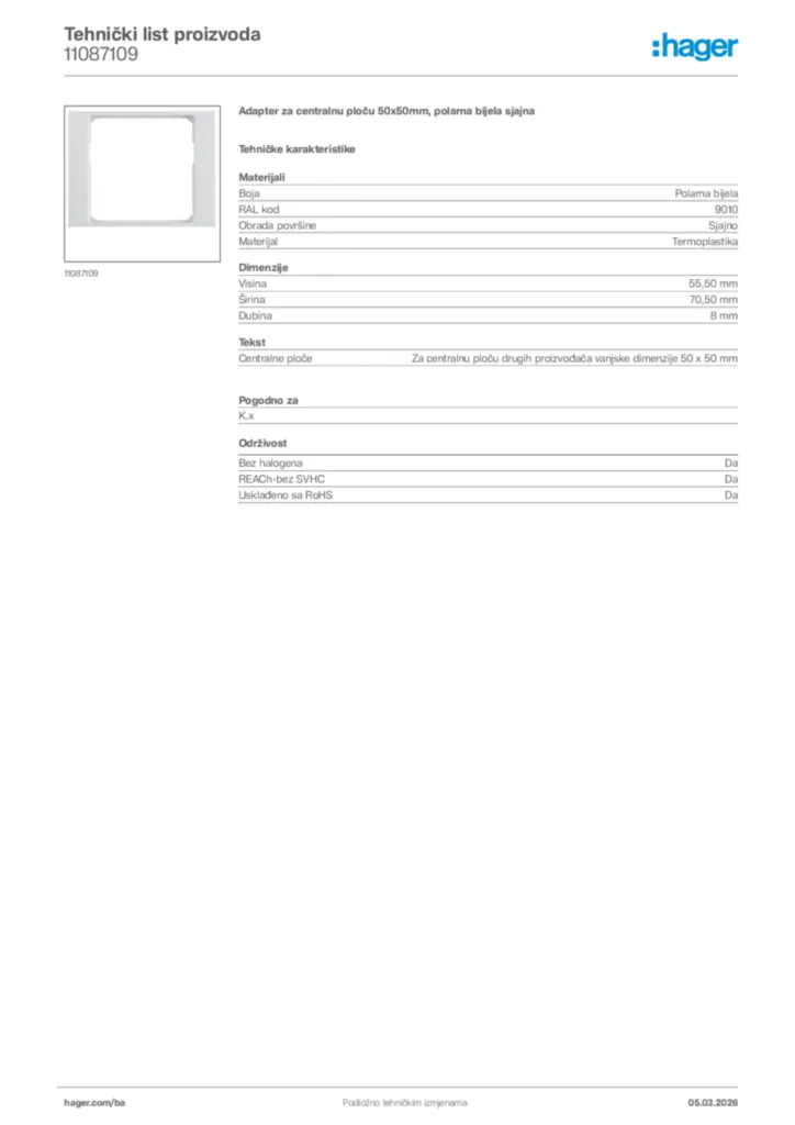 Slika Hager Tehnički list proizvoda 11087109  | Hager