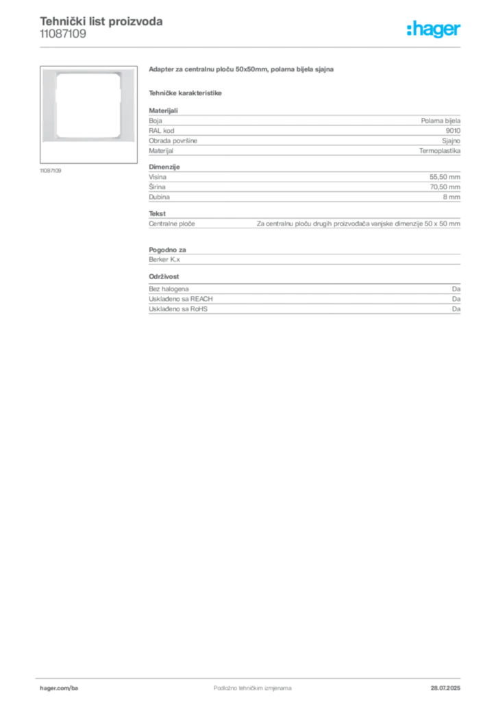 Slika Hager Product data sheet 11087109  | Hager