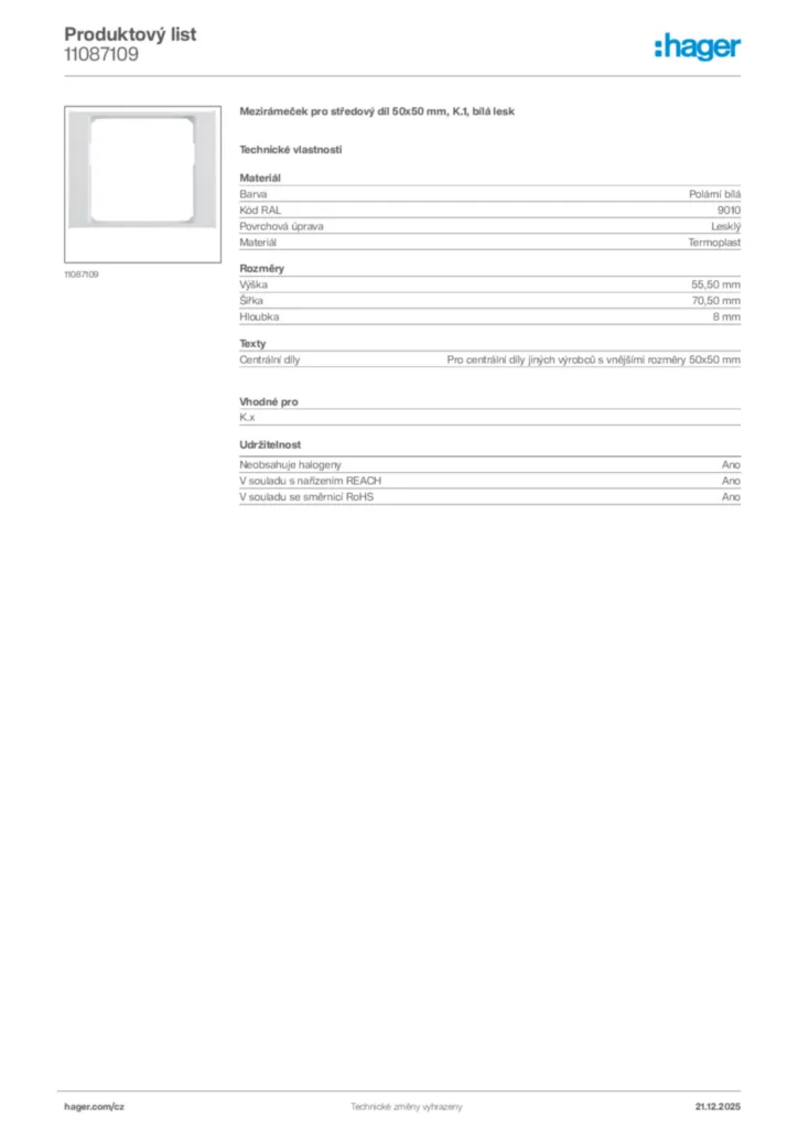 Obrázek Hager Produktový list 11087109 | Hager