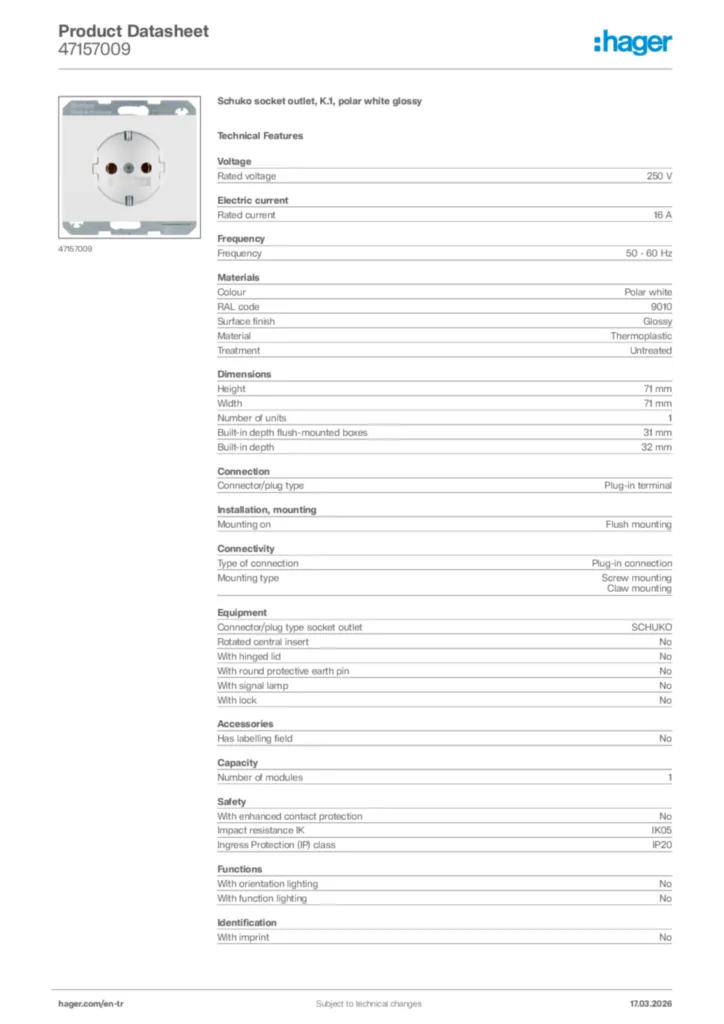 Image Hager Product data sheet 47157009  | Hager