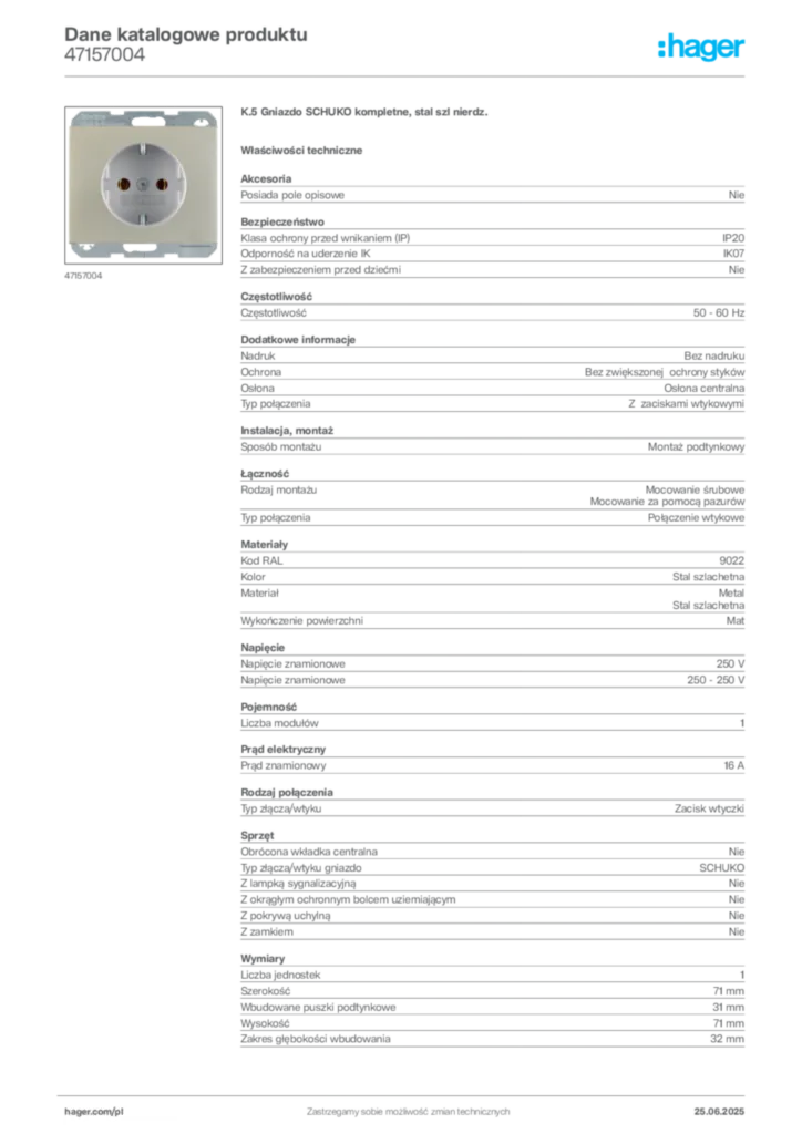 Zdjęcie Hager Dane katalogowe produktu 47157004 | Hager Polska